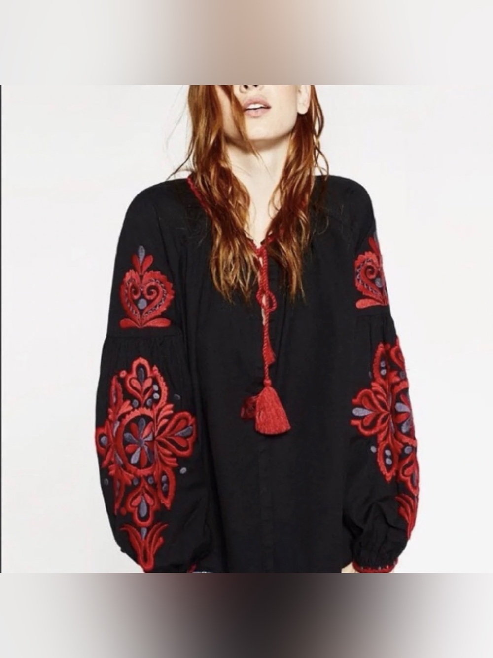 Zara Black Tunic with Red Embroidered Sleeves and Tassel
